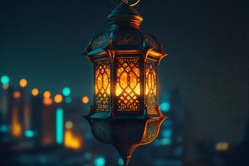 A golden lantern hanging in front of a dark blue night sky, lit by a crescent moon during Ramadan.