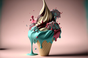 Colorful vibrant ice cream with crispy waffle cone. Creative concept. Full of tasty splashy flavours. Ai generated