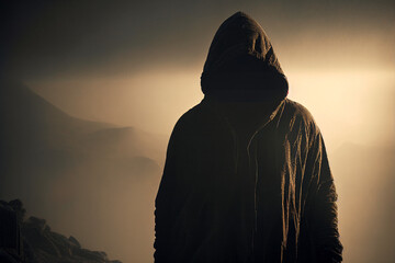 silhouette standing on the foggy mountain With Generative AI