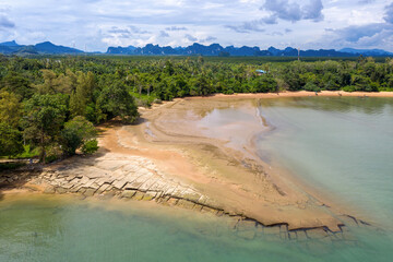 Aerial view of Fossil Shell Beach Krabi (Susan Hoi) on sunny day. Krabi Province, Thailand.