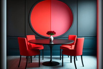 Color dining room. Black round empty table and colorful carmine red crimson chairs. Empty wall blank for art, frame, or decor, 