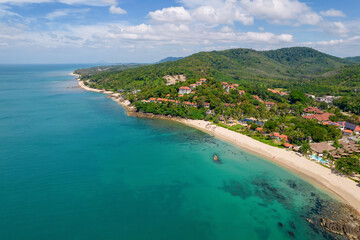 Fototapeta na wymiar Aerial view of beaches on western part of Ko Lanta island on sunny day. Krabi Province, Thailand.