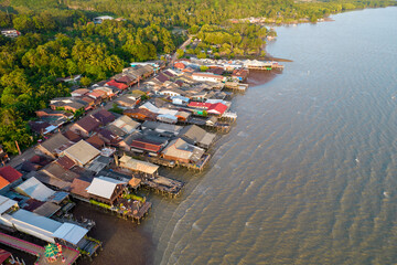 Fototapeta na wymiar Aerial view of Ko Lanta Old Town at low tide on sunny evening. Ko Lanta, Krabi Province, Thailand.