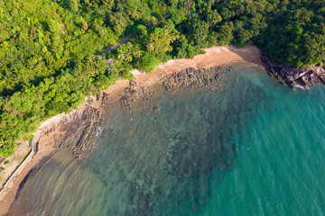 Aerial view of empty Pirate beach on sunny day. Ko Lanta, Krabi Province, Thailand.