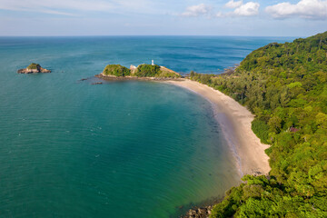 Aerial view of Mu Ko Lanta National Park, lighthouse Koh Lanta, Waterfall Bay and Epic beach on sunny day. Krabi Province, Thailand.
