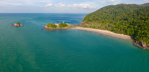 Panoramic aerial view of Mu Ko Lanta National Park, lighthouse Koh Lanta, Waterfall Bay and Epic beach on sunny day. Krabi Province, Thailand.