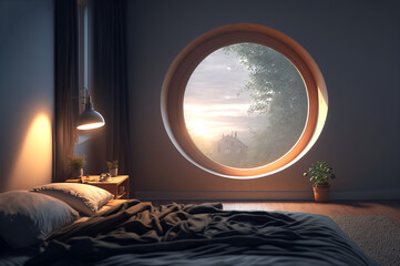 concept art for a luxury bedroom with a round wooden window, Generative AI