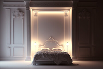 concept art for a upmarket bedroom with a white wall with embellishment and comfortable, warm lighting, Generative AI
