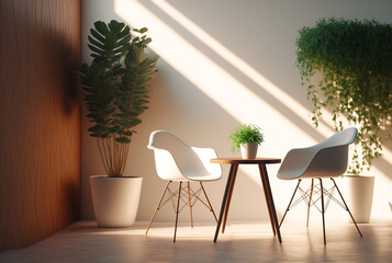 concept art for a lounge with white chairs, plants and a wooden impression of a wall, with natural sunlight shining through high windows, Generative AI