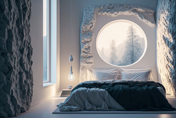 concept art for a luxury bedroom with white textured stone walls with a round window, facing the forst modern lighting, Generative AI