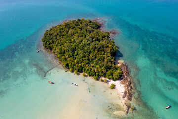 Birds eye view of the island near Klong Muang Beach on sunny day. Krabi Province, Thailand.