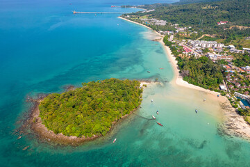 Aerial view of Klong Muang Beach and the nearby island on a sunny day. Krabi Province, Thailand.