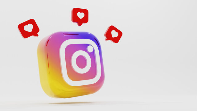 3d glossy render of social app instagram icons with heart love shape