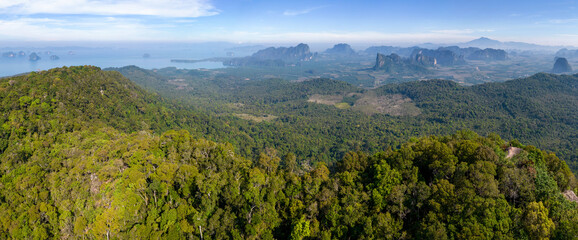 Panoramic aerial view from above Dragon's Crest (Ngon Nak) summit. Krabi Province, Thailand.