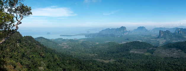 Fototapeta premium Panoramic view from Dragon's Crest (Khao Ngon Nak) Scenic Point on sunny day. Krabi Province, Thailand.