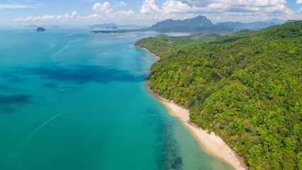 Panoramic aerial view of Silanto Beach on sunny day. Krabi Province, Thailand.