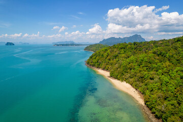 Drone view of Silanto Beach on sunny day. Krabi Province, Thailand.