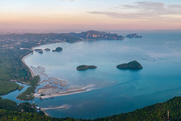 Drone view of Ao Nang Bay at sunset. Krabi Province, Thailand.