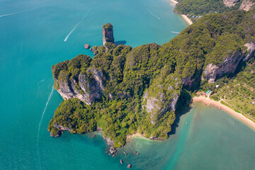 Aerial view of Tonsai beach and Ao Nang Tower on sunny day. Ao Nang, Krabi Province, Thailand.