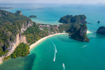 Aerial view of Railay beach on sunny day. Krabi Province, Thailand.