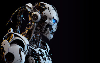 Fototapeta premium Robot android with blue lights isolated in black background created with a Generative AI technology 
