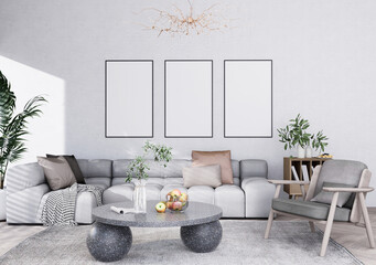 Mock up poster frame in modern interior fully furnished rooms background, living room, Scandinavian nordic style, for text message or content. 3D rendering,  3D Illustration