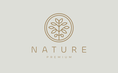 Circle nature tree vector illustration design. Abstract Symmetrical round outline plant with branch and leaves business logo.
