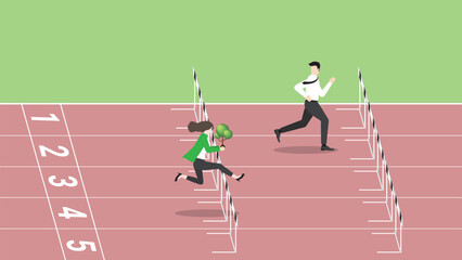 Concept of ESG and green business policy of environmental concern, save a planet, eco friendly, sustainability company. A businesswoman with a tree runs on a race track, attention from leader rivalry.
