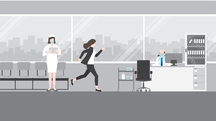 Hurry office people, a businesswoman runs to the doctor's appointment at the hospital. Rush hour, Urgent, Appointed time, Hectic life, Arriving late for medical treatment, Hectic, Daily haste Concept.
