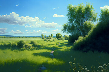A green meadow blue sky sunshine peaceful - Generative AI