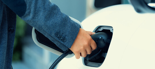 Progressive concept of hand insert an emission-free power connector to the battery of electric...