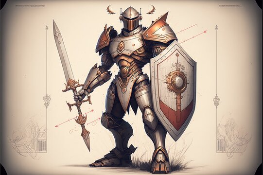 diagrammatic drawing of warrior robot with shield and big sword