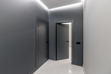 Simple clean newly built generic modern new real estate block of flats interior, long black corridor with black doors, perspective. New bought apartment, new home, hallway abstract concept, copy space