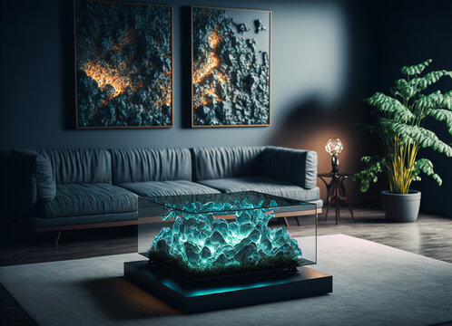concept art for a living room with an epoxide glas desk with lumination, with 3D ornaments as wall art, Generative AI