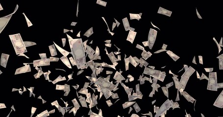 Video of many Japanese 10,000 yen bills scattered. With alpha channel. With depth matte. 4k compatible. 3D motion graphics. Currency Finance Symbols of success in Japan.