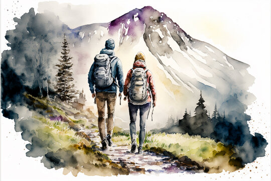 Couple of hikers on the trail in mountains. Rear view. Watercolor painting. Generative AI