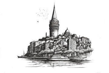 vector sketch hand drawing panoramic galata tower. Generative AI