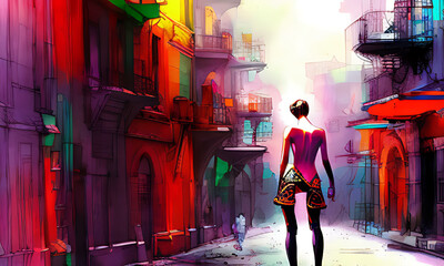 Generative AI : Lady walking in street in messy dark fantasy art style