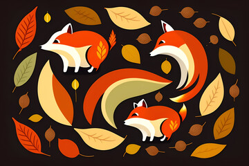 Vibrant Foxes in a Fall-Inspired Seamless Pattern on a Dark Background. generative ai