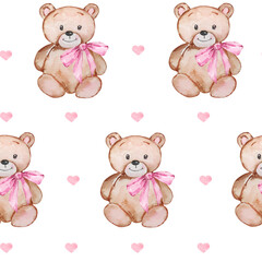 Seamless pattern Valentine's Day of watercolor teddy bears and hearts