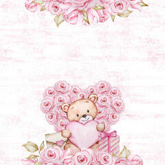 Seamless Valentine's Day pattern of watercolor teddy bears