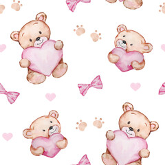 Seamless pattern Valentine's Day of watercolor teddy bears and hearts