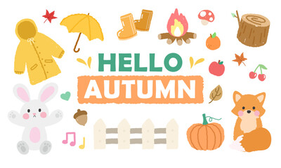 Hand-drawn crayon style autumn elements covering cute animals and forest motifs
