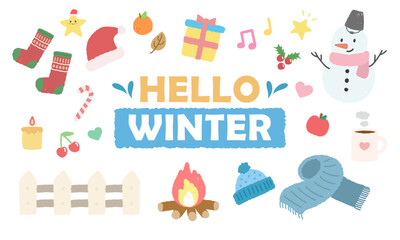 Hand-drawn crayon style winter elements covering cute decorations and Christmas motifs