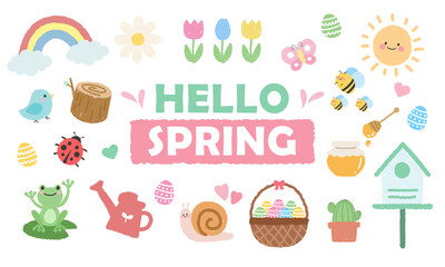 Hand-drawn crayon style spring elements covering cute animal and plant motifs