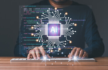 Ai chat GPT, programmer coding, compiler, encode, debug, and developer application software for business corporate with Ai Chat GPT. Man programming coding Ai Chat GPT app, code show virtual screen.