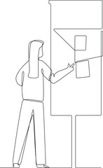 Continuous one line drawing happy businesswoman making planning design. Project planning concept. Single line draw design vector graphic illustration.