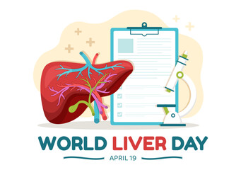 World Liver day on April 19th Illustration to Raise Global Awareness of Hepatitis in Flat Cartoon Hand Drawn for Web Banner or Landing Page Templates