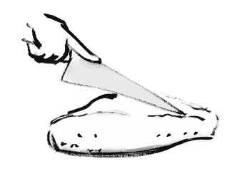 鯛をさばいているの手描き和風イラスト　白黒,モノクロ,単色, ベクター