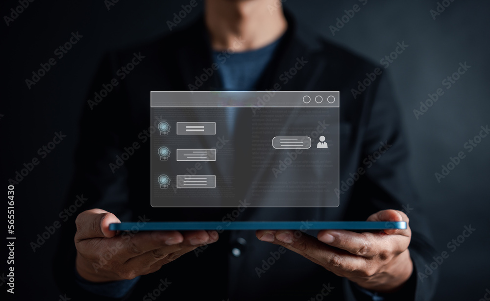 Leinwandbilder Businessman using chatbot in tablet intelligence Ai. Chat with AI Artificial Intelligence, developed by OpenAI generate. Futuristic technology, robot in online system.